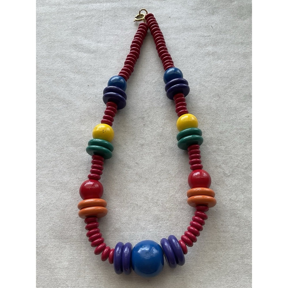 Colorful chunky wooden statement necklace Round And Disc Beads Vintage
